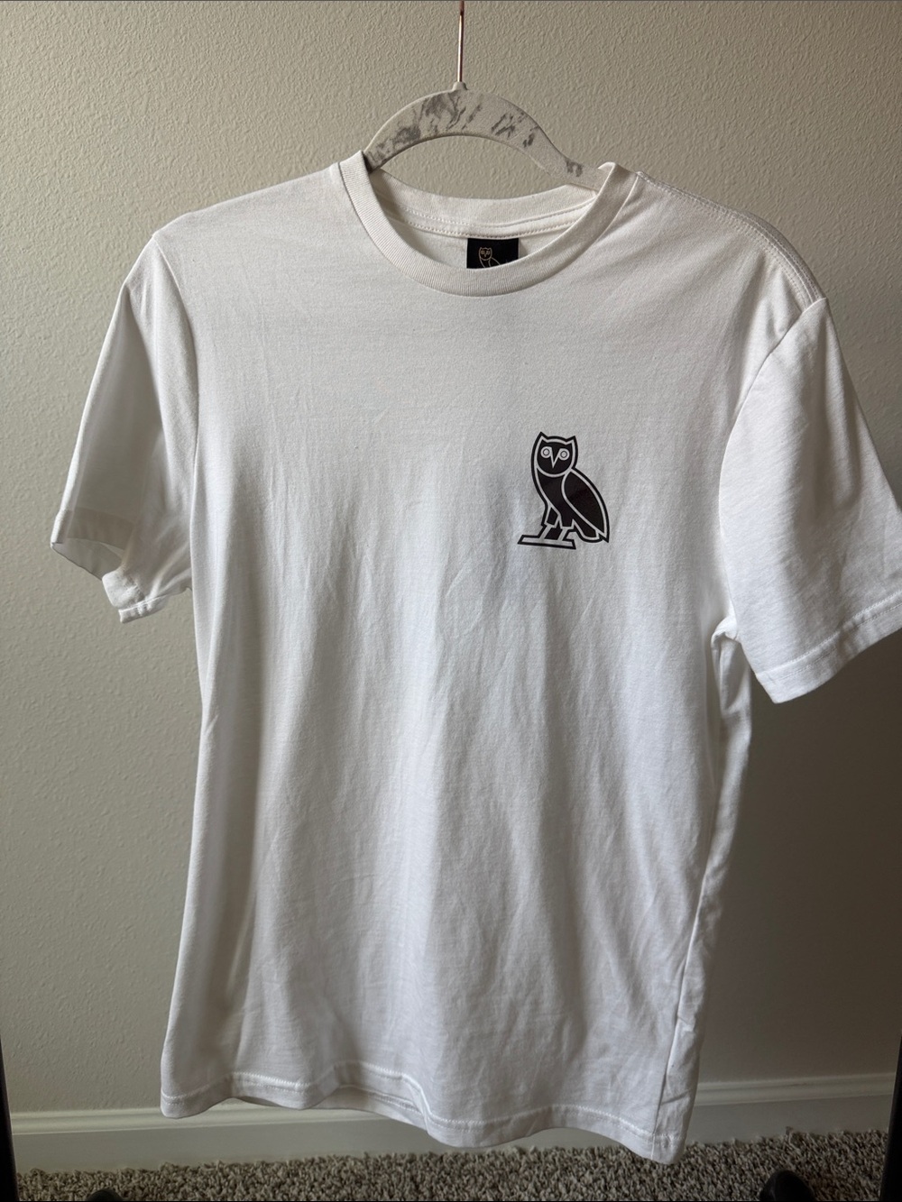 OVO White Short-Sleeve Tee with Small Black Owl Logo